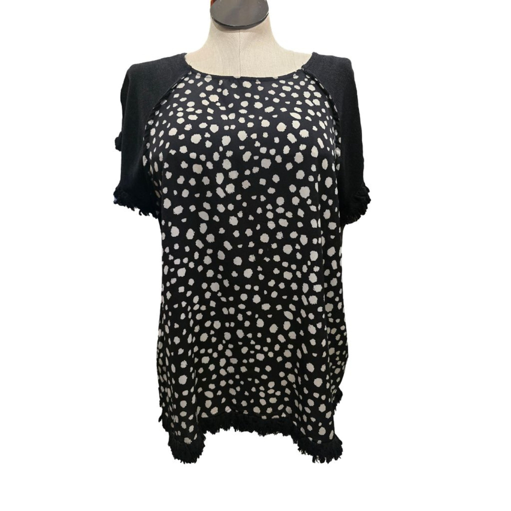 Umgee Black & White Polka Dot Tunic Top with Fringe Trim L